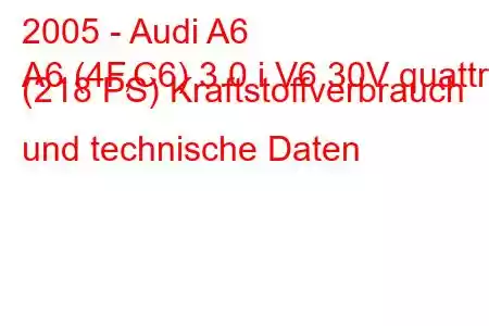 2005 - Audi A6
A6 (4F,C6) 3.0 i V6 30V quattro (218 PS) Kraftstoffverbrauch und technische Daten