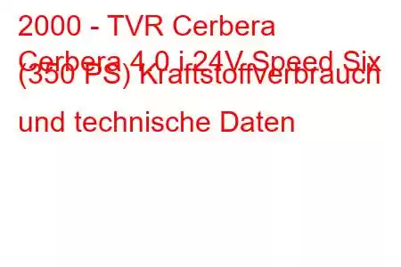 2000 - TVR Cerbera
Cerbera 4.0 i 24V Speed ​​​​Six (350 PS) Kraftstoffverbrauch und technische Daten