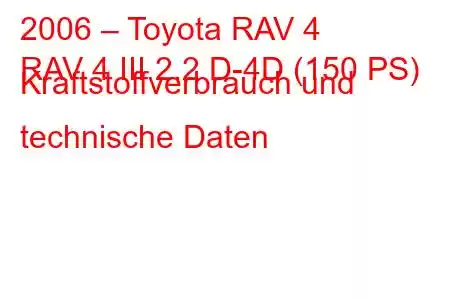 2006 – Toyota RAV 4
RAV 4 III 2.2 D-4D (150 PS) Kraftstoffverbrauch und technische Daten