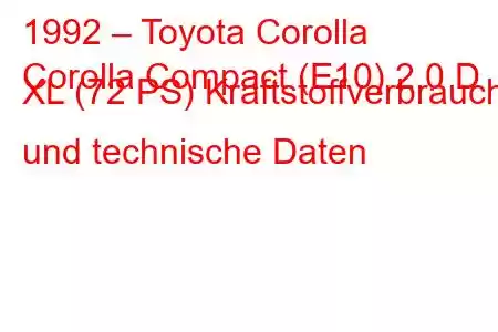 1992 – Toyota Corolla
Corolla Compact (E10) 2.0 D XL (72 PS) Kraftstoffverbrauch und technische Daten