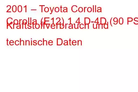 2001 – Toyota Corolla
Corolla (E12) 1.4 D-4D (90 PS) Kraftstoffverbrauch und technische Daten