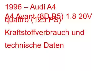 1996 – Audi A4
A4 Avant (8D,B5) 1.8 20V quattro (125 PS) Kraftstoffverbrauch und technische Daten