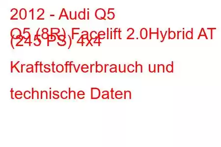 2012 - Audi Q5
Q5 (8R) Facelift 2.0Hybrid AT (245 PS) 4x4 Kraftstoffverbrauch und technische Daten