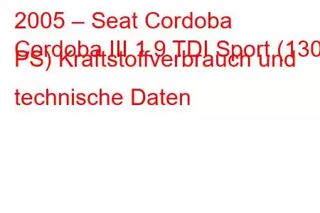 2005 – Seat Cordoba
Cordoba III 1.9 TDI Sport (130 PS) Kraftstoffverbrauch und technische Daten