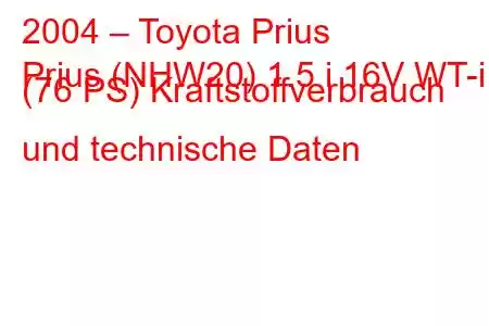 2004 – Toyota Prius
Prius (NHW20) 1.5 i 16V WT-i (76 PS) Kraftstoffverbrauch und technische Daten