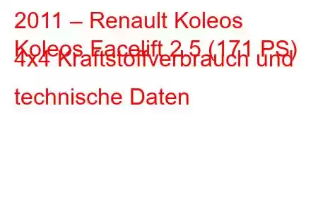 2011 – Renault Koleos
Koleos Facelift 2.5 (171 PS) 4x4 Kraftstoffverbrauch und technische Daten