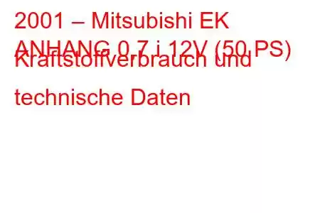 2001 – Mitsubishi EK
ANHANG 0,7 i 12V (50 PS) Kraftstoffverbrauch und technische Daten