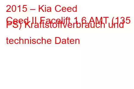 2015 – Kia Ceed
Ceed II Facelift 1.6 AMT (135 PS) Kraftstoffverbrauch und technische Daten