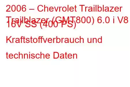 2006 – Chevrolet Trailblazer
Trailblazer (GMT800) 6.0 i V8 16V SS (400 PS) Kraftstoffverbrauch und technische Daten