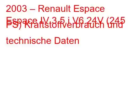 2003 – Renault Espace
Espace IV 3.5 i V6 24V (245 PS) Kraftstoffverbrauch und technische Daten