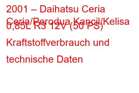 2001 – Daihatsu Ceria
Ceria/Perodua Kancil/Kelisa 0,85L R3 12V (50 PS) Kraftstoffverbrauch und technische Daten