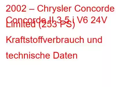 2002 – Chrysler Concorde
Concorde II 3.5 i V6 24V Limited (253 PS) Kraftstoffverbrauch und technische Daten