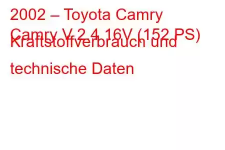 2002 – Toyota Camry
Camry V 2.4 16V (152 PS) Kraftstoffverbrauch und technische Daten