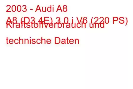 2003 - Audi A8
A8 (D3,4E) 3.0 i V6 (220 PS) Kraftstoffverbrauch und technische Daten