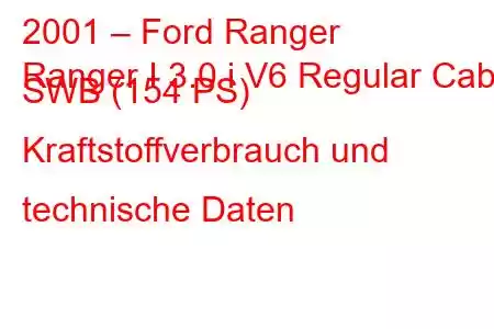 2001 – Ford Ranger
Ranger I 3.0 i V6 Regular Cab SWB (154 PS) Kraftstoffverbrauch und technische Daten