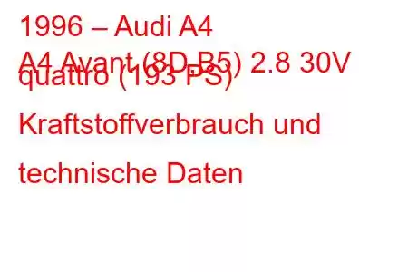 1996 – Audi A4
A4 Avant (8D,B5) 2.8 30V quattro (193 PS) Kraftstoffverbrauch und technische Daten