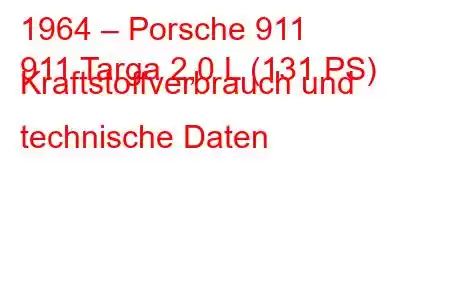 1964 – Porsche 911
911 Targa 2,0 L (131 PS) Kraftstoffverbrauch und technische Daten