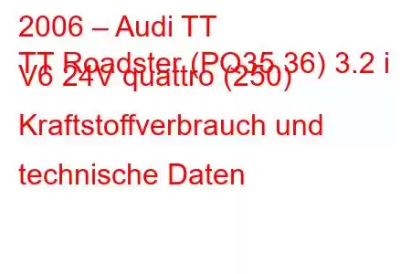 2006 – Audi TT
TT Roadster (PQ35,36) 3.2 i V6 24V quattro (250) Kraftstoffverbrauch und technische Daten