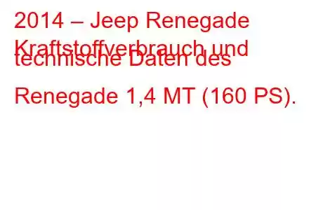 2014 – Jeep Renegade
Kraftstoffverbrauch und technische Daten des Renegade 1,4 MT (160 PS).