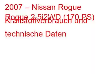 2007 – Nissan Rogue
Rogue 2.5i2WD (170 PS) Kraftstoffverbrauch und technische Daten