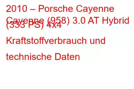 2010 – Porsche Cayenne
Cayenne (958) 3.0 AT Hybrid (333 PS) 4x4 Kraftstoffverbrauch und technische Daten