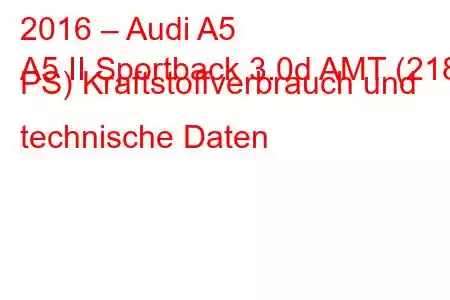 2016 – Audi A5
A5 II Sportback 3.0d AMT (218 PS) Kraftstoffverbrauch und technische Daten