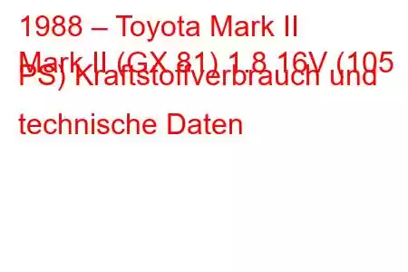 1988 – Toyota Mark II
Mark II (GX 81) 1.8 16V (105 PS) Kraftstoffverbrauch und technische Daten