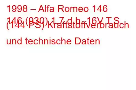 1998 – Alfa Romeo 146
146 (930) 1,7 d.h. 16V T.S. (144 PS) Kraftstoffverbrauch und technische Daten