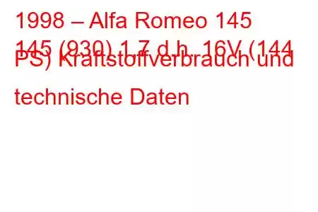 1998 – Alfa Romeo 145
145 (930) 1,7 d.h. 16V (144 PS) Kraftstoffverbrauch und technische Daten