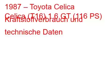 1987 – Toyota Celica
Celica (T16) 1.6 GT (116 PS) Kraftstoffverbrauch und technische Daten