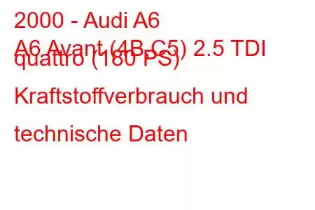 2000 - Audi A6
A6 Avant (4B,C5) 2.5 TDI quattro (180 PS) Kraftstoffverbrauch und technische Daten