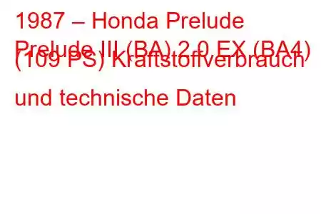 1987 – Honda Prelude
Prelude III (BA) 2.0 EX (BA4) (109 PS) Kraftstoffverbrauch und technische Daten