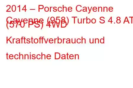 2014 – Porsche Cayenne
Cayenne (958) Turbo S 4.8 AT (570 PS) 4WD Kraftstoffverbrauch und technische Daten