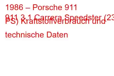 1986 – Porsche 911
911 3.1 Carrera Speedster (231 PS) Kraftstoffverbrauch und technische Daten