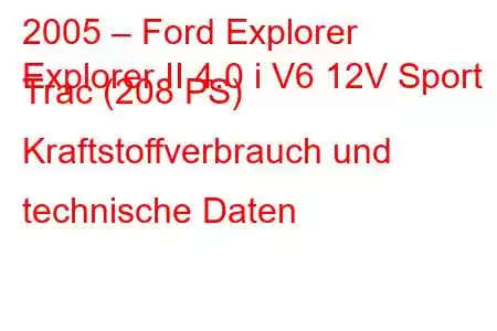 2005 – Ford Explorer
Explorer II 4.0 i V6 12V Sport Trac (208 PS) Kraftstoffverbrauch und technische Daten