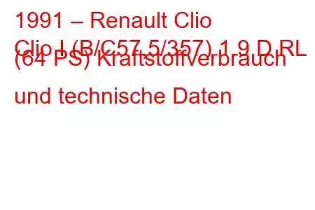 1991 – Renault Clio
Clio I (B/C57,5/357) 1.9 D RL (64 PS) Kraftstoffverbrauch und technische Daten