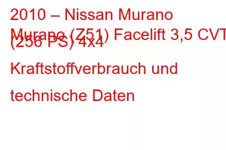 2010 – Nissan Murano
Murano (Z51) Facelift 3,5 CVT (256 PS) 4x4 Kraftstoffverbrauch und technische Daten