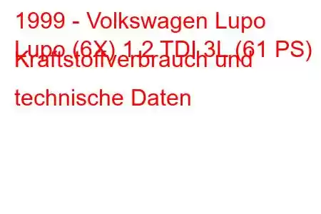 1999 - Volkswagen Lupo
Lupo (6X) 1.2 TDI 3L (61 PS) Kraftstoffverbrauch und technische Daten