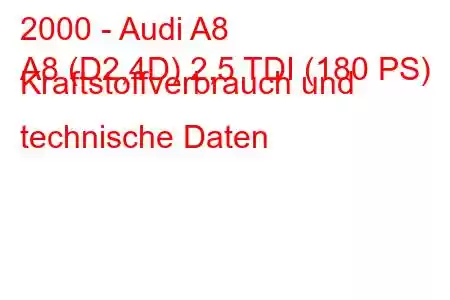 2000 - Audi A8
A8 (D2,4D) 2,5 TDI (180 PS) Kraftstoffverbrauch und technische Daten