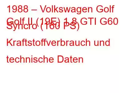 1988 – Volkswagen Golf
Golf II (19E) 1.8 GTI G60 Syncro (160 PS) Kraftstoffverbrauch und technische Daten