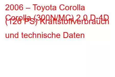 2006 – Toyota Corolla
Corolla (300N/MC) 2.0 D-4D (126 PS) Kraftstoffverbrauch und technische Daten