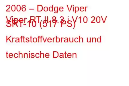 2006 – Dodge Viper
Viper RT II 8.3 i V10 20V SRT-10 (517 PS) Kraftstoffverbrauch und technische Daten