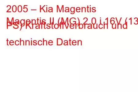 2005 – Kia Magentis
Magentis II (MG) 2.0 i 16V (136 PS) Kraftstoffverbrauch und technische Daten