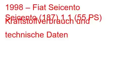 1998 – Fiat Seicento
Seicento (187) 1.1 (55 PS) Kraftstoffverbrauch und technische Daten