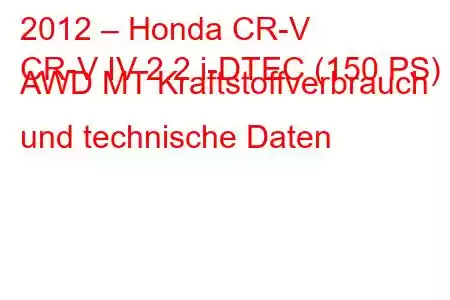 2012 – Honda CR-V
CR-V IV 2.2 i-DTEC (150 PS) AWD MT Kraftstoffverbrauch und technische Daten