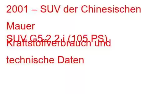 2001 – SUV der Chinesischen Mauer
SUV G5 2.2 i (105 PS) Kraftstoffverbrauch und technische Daten