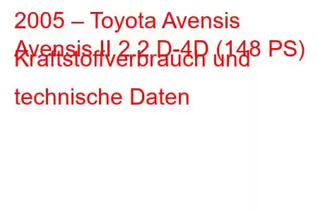 2005 – Toyota Avensis
Avensis II 2.2 D-4D (148 PS) Kraftstoffverbrauch und technische Daten