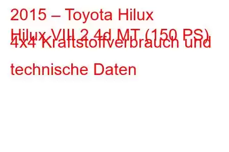 2015 – Toyota Hilux
Hilux VIII 2.4d MT (150 PS) 4x4 Kraftstoffverbrauch und technische Daten