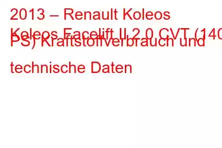 2013 – Renault Koleos
Koleos Facelift II 2.0 CVT (140 PS) Kraftstoffverbrauch und technische Daten