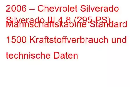 2006 – Chevrolet Silverado
Silverado III 4.8 (295 PS) Mannschaftskabine Standard 1500 Kraftstoffverbrauch und technische Daten